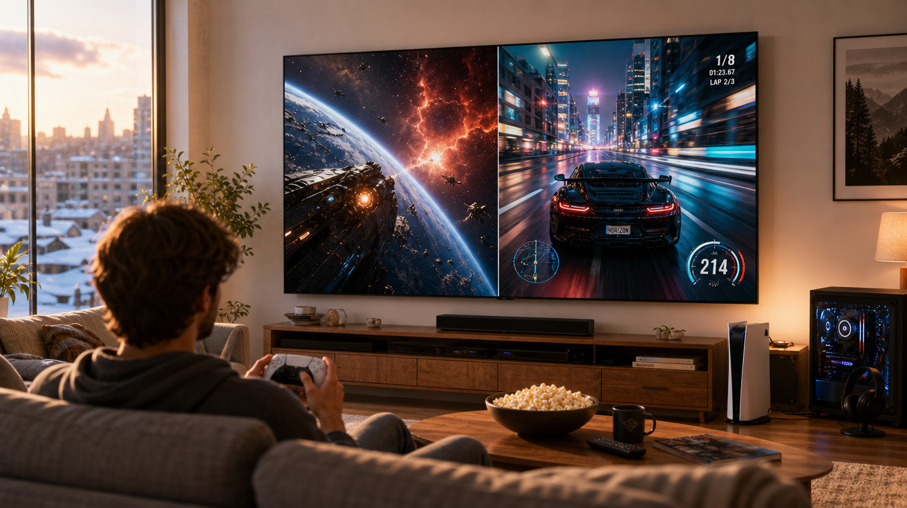 Homem sentado no sofá joga videogame com tela dividida entre corrida e espaço futurista.