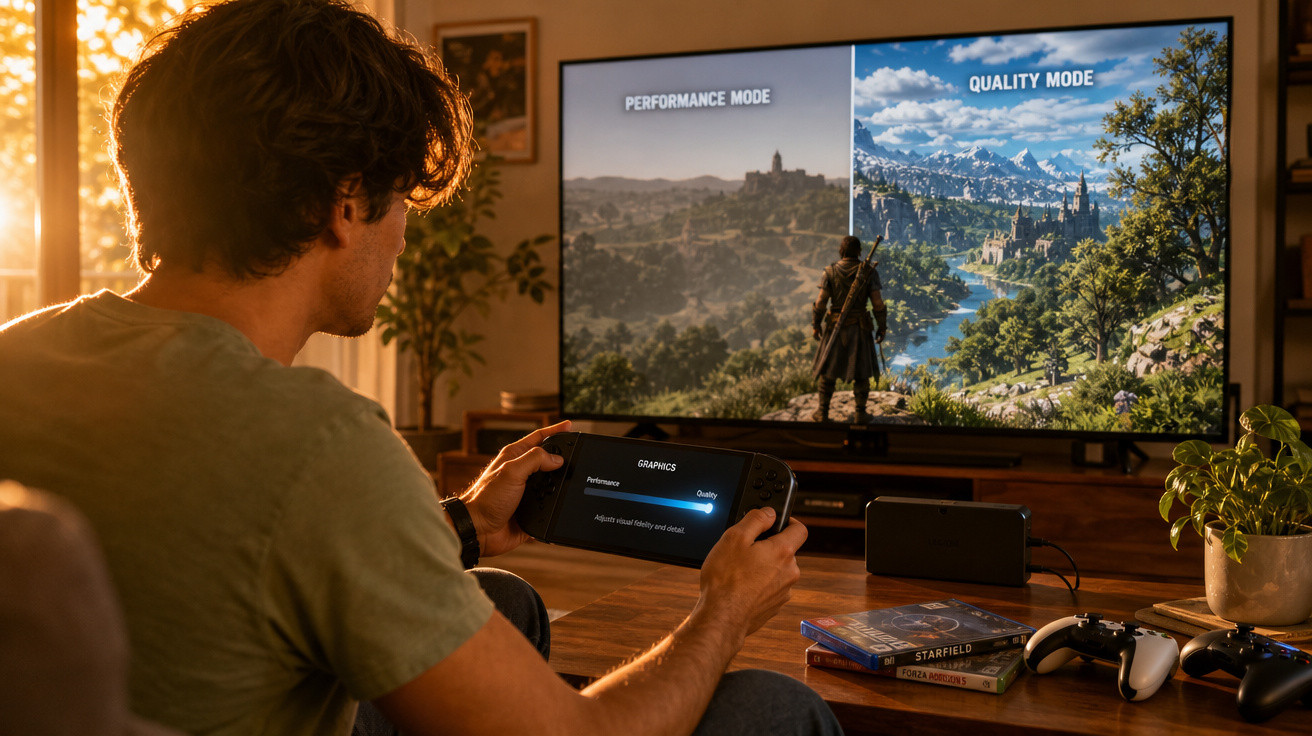 Homem segurando controle de videogame com TV mostrando comparação entre modos desempenho e qualidade.