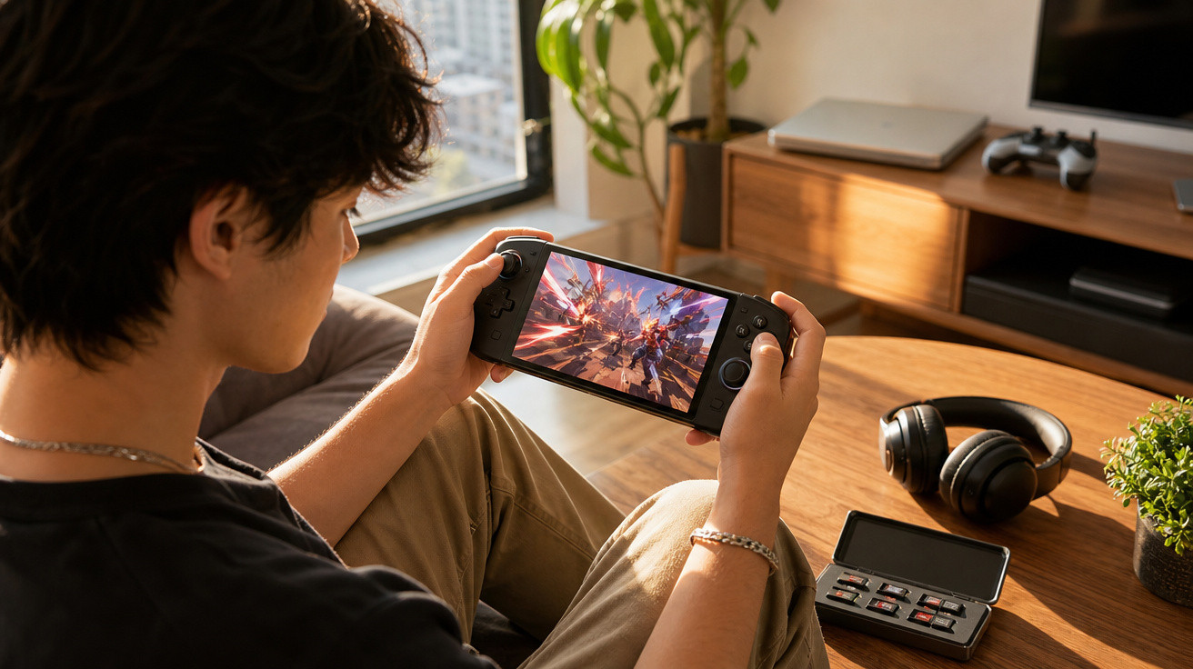 Jovem sentado jogando em console portátil, mesa com fones, case de cartões e planta em ambiente iluminado.