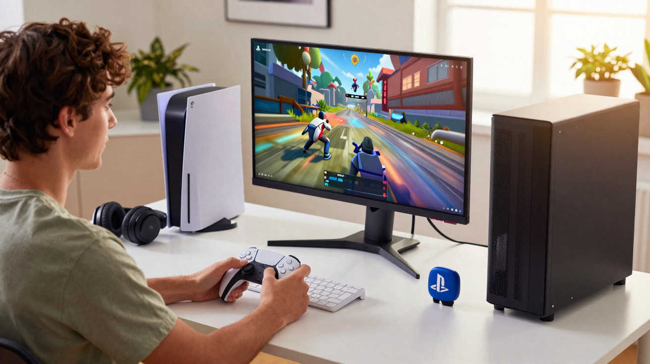 Jovem jogando videogame em monitor com controle, console PlayStation 5 e computador ao redor.