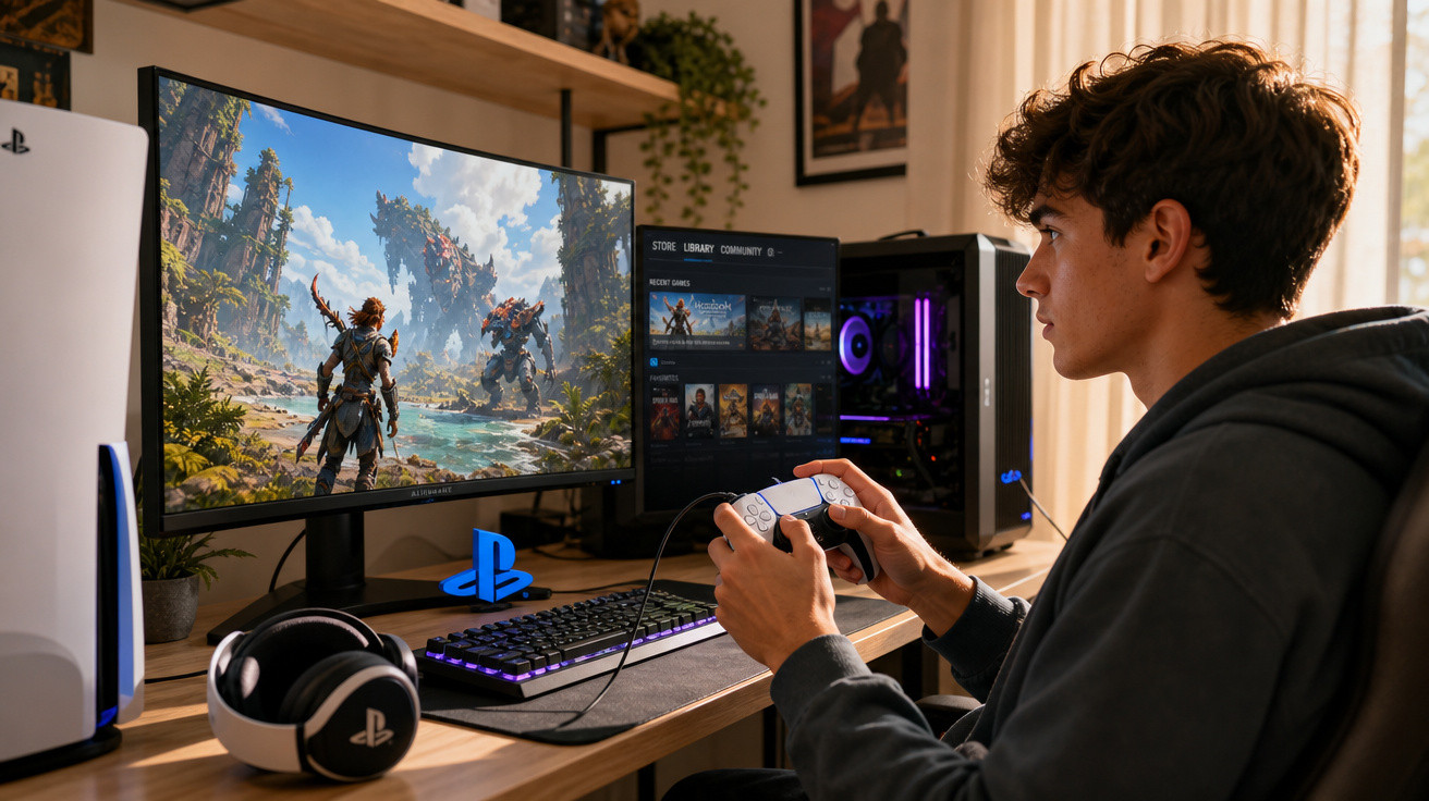 Jovem jogando videogame em um PC com controle PlayStation, monitor exibindo jogo de aventura e headset ao lado.