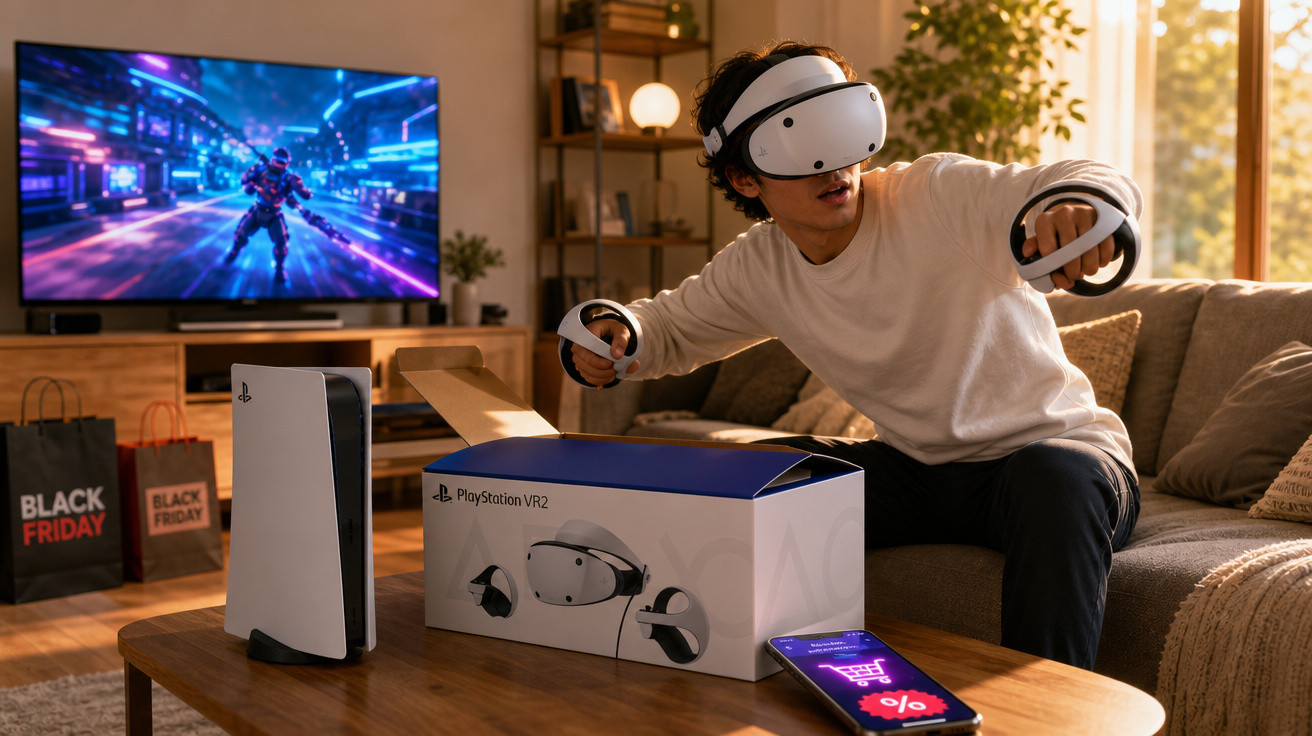 Jovem usando óculos de realidade virtual PlayStation VR2 e controles, com TV e PS5 em sala iluminada.