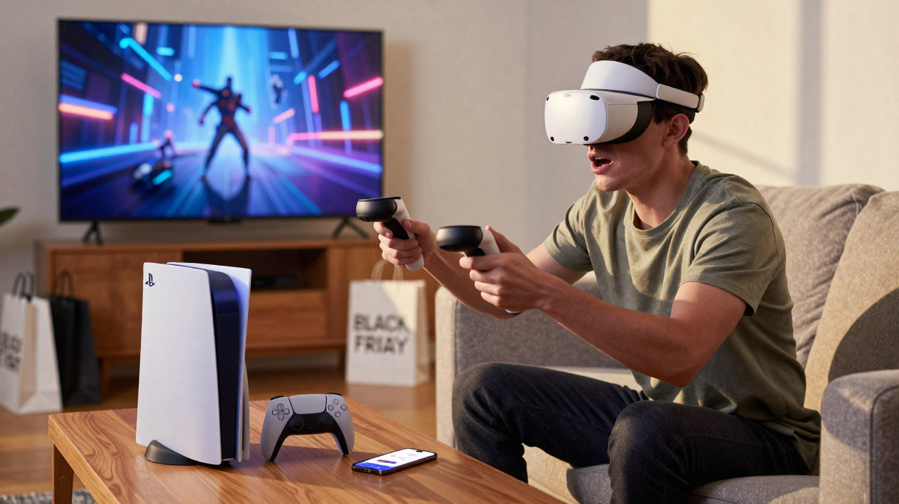 Jovem usando óculos de realidade virtual e controladores em mãos enquanto joga videogame em sala.