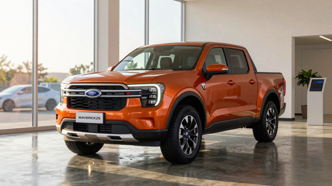 Picape Ford Maverick 25 na cor laranja, exibida em showroom com piso de concreto polido.