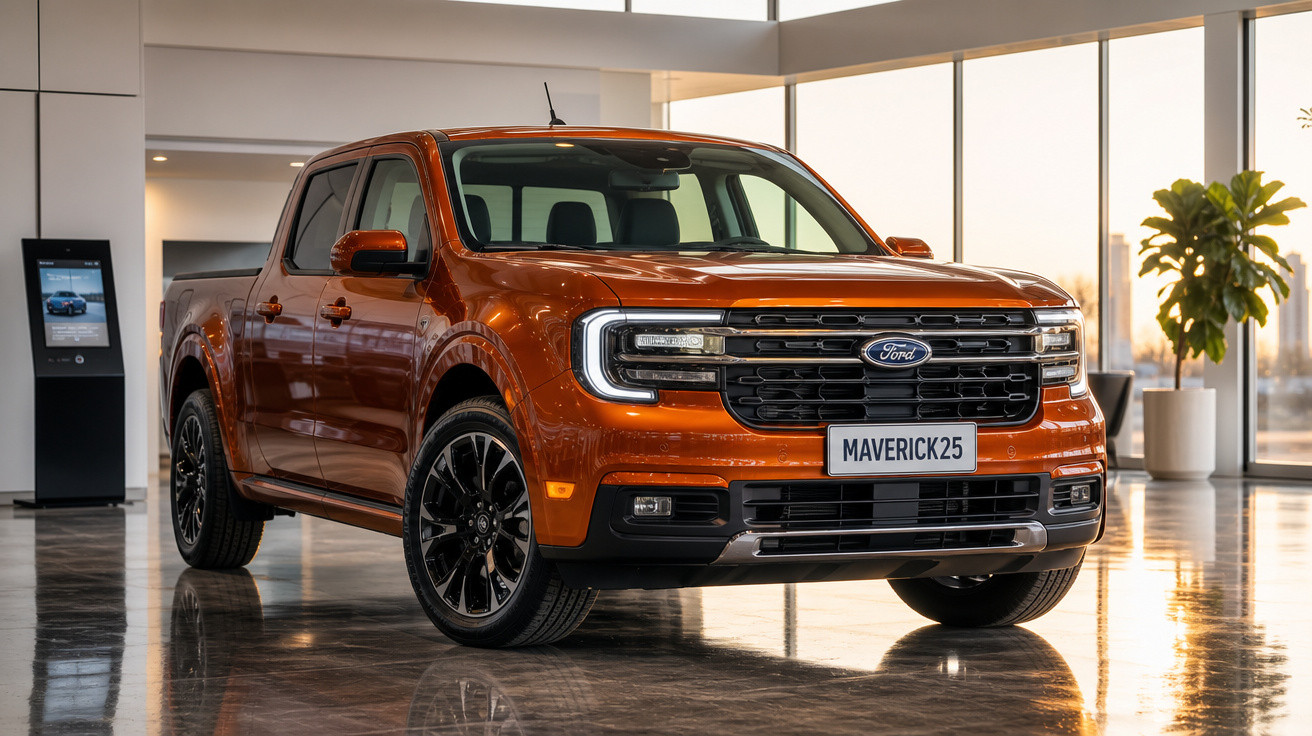 Picape Ford Maverick laranja estacionada em showroom com piso refletivo e luz natural.