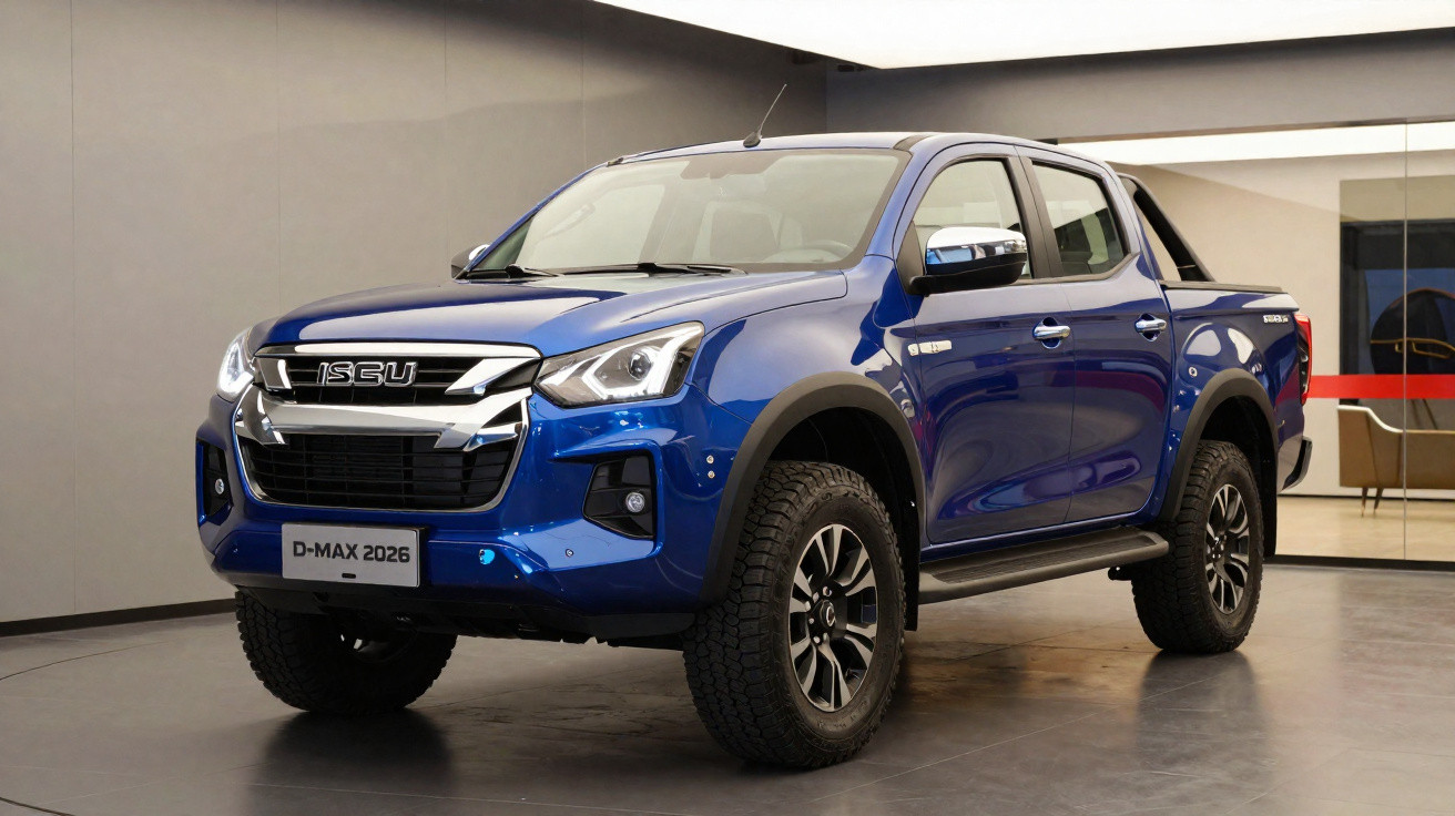 Picape azul Isuzu D-Max 2026 em exposição interna, vista frontal lateral, pneus robustos e detalhes cromados.
