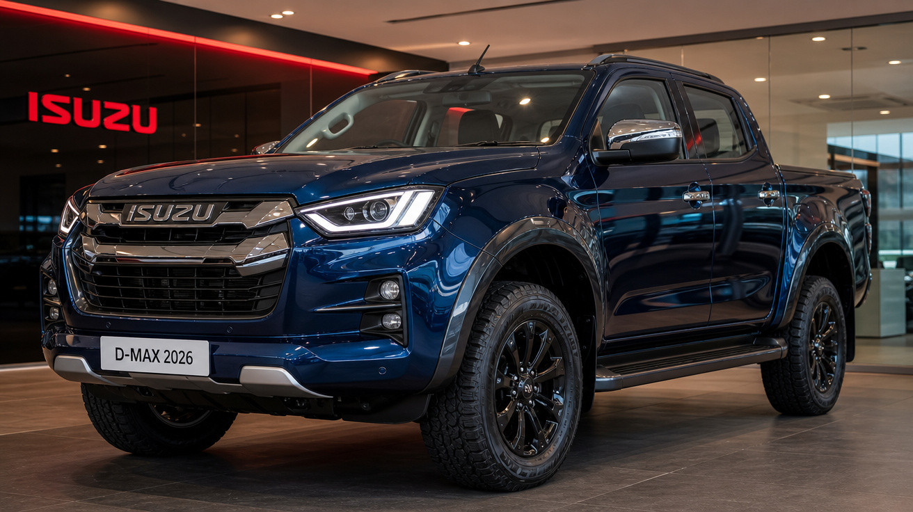 Picape Isuzu D-Max 2026 azul em showroom com iluminação moderna e logo vermelho ao fundo.