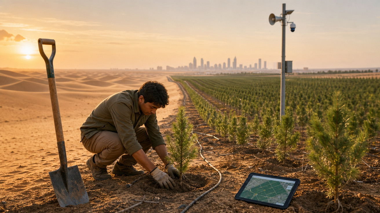 Homem plantando árvore em área desértica com cidade ao fundo e tablet no chão mostrando mapa agrícola.