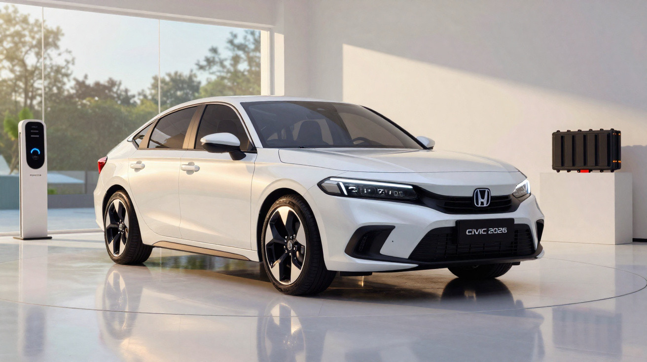 Carro elétrico branco Honda Civic 2026 em showroom moderno com estação de carregamento.