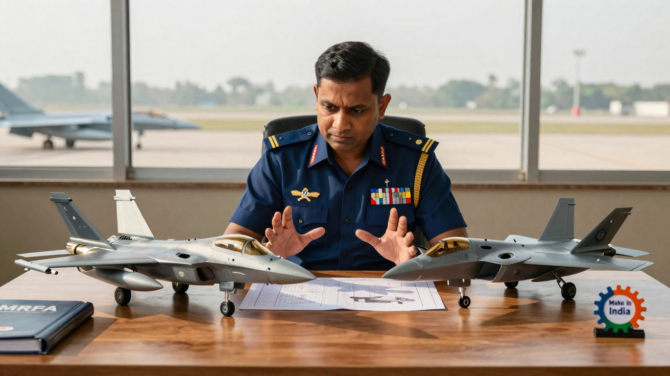 Homem em uniforme militar analisa modelos de aviões de combate sobre mesa com plantas e documentos.