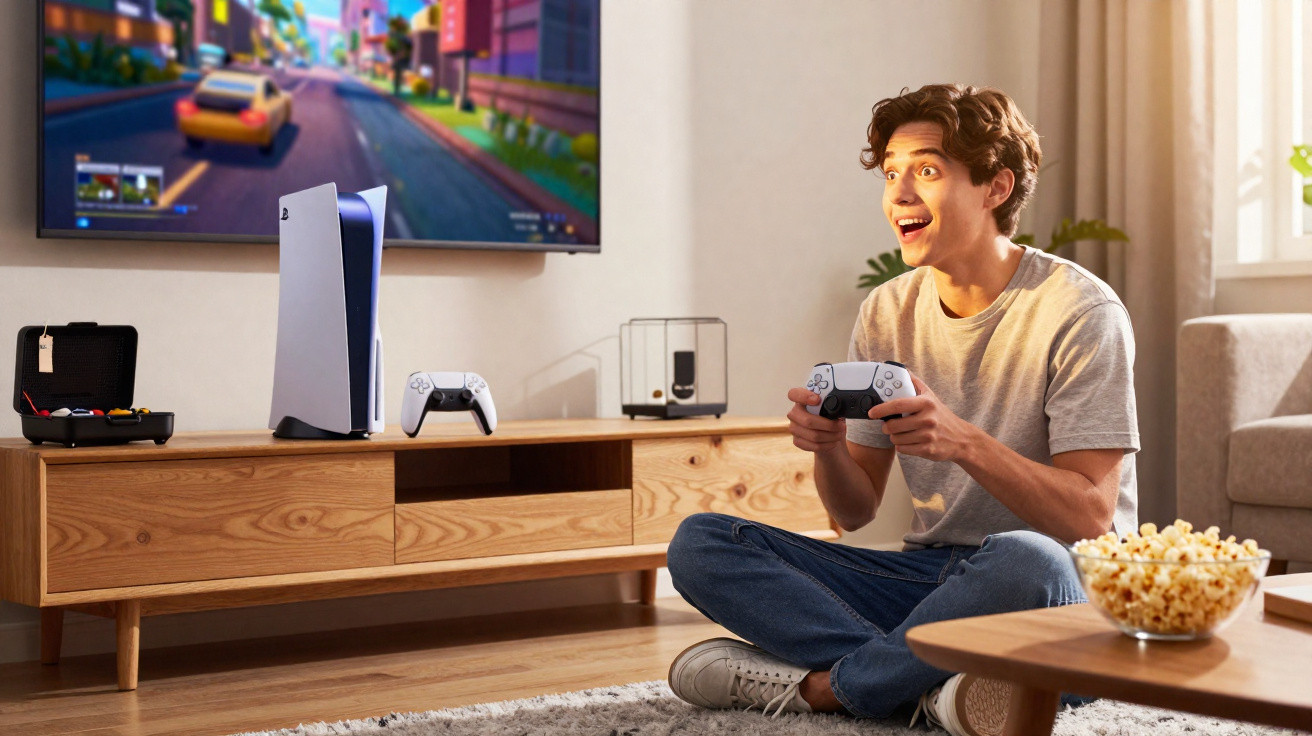 Jovem sentado no chão jogando videogame em console moderno com expressão animada e tigela de pipoca ao lado.