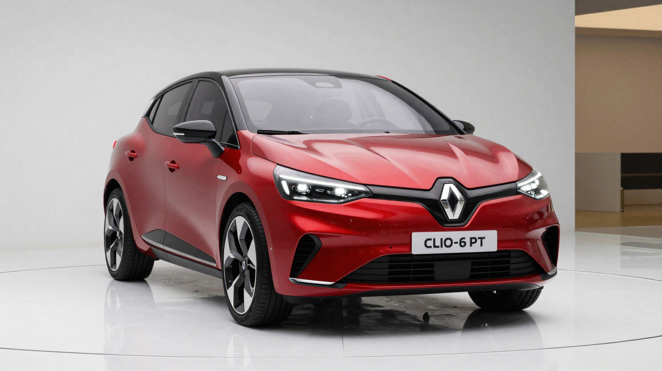 Carro vermelho Renault Clio 6 PT visto de frente, em estúdio com fundo neutro.