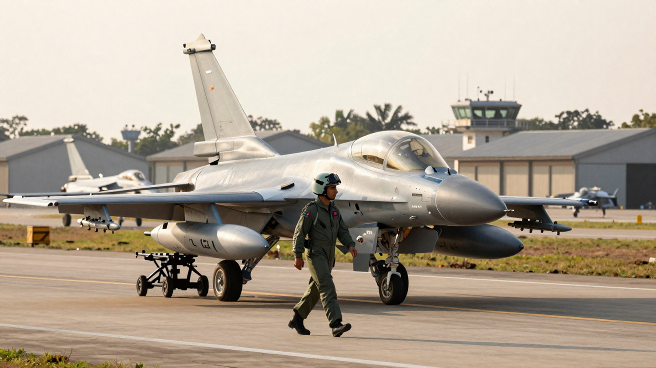 Piloto militar caminhando próximo a caça aéreo estacionado em pista de aeródromo durante o dia.