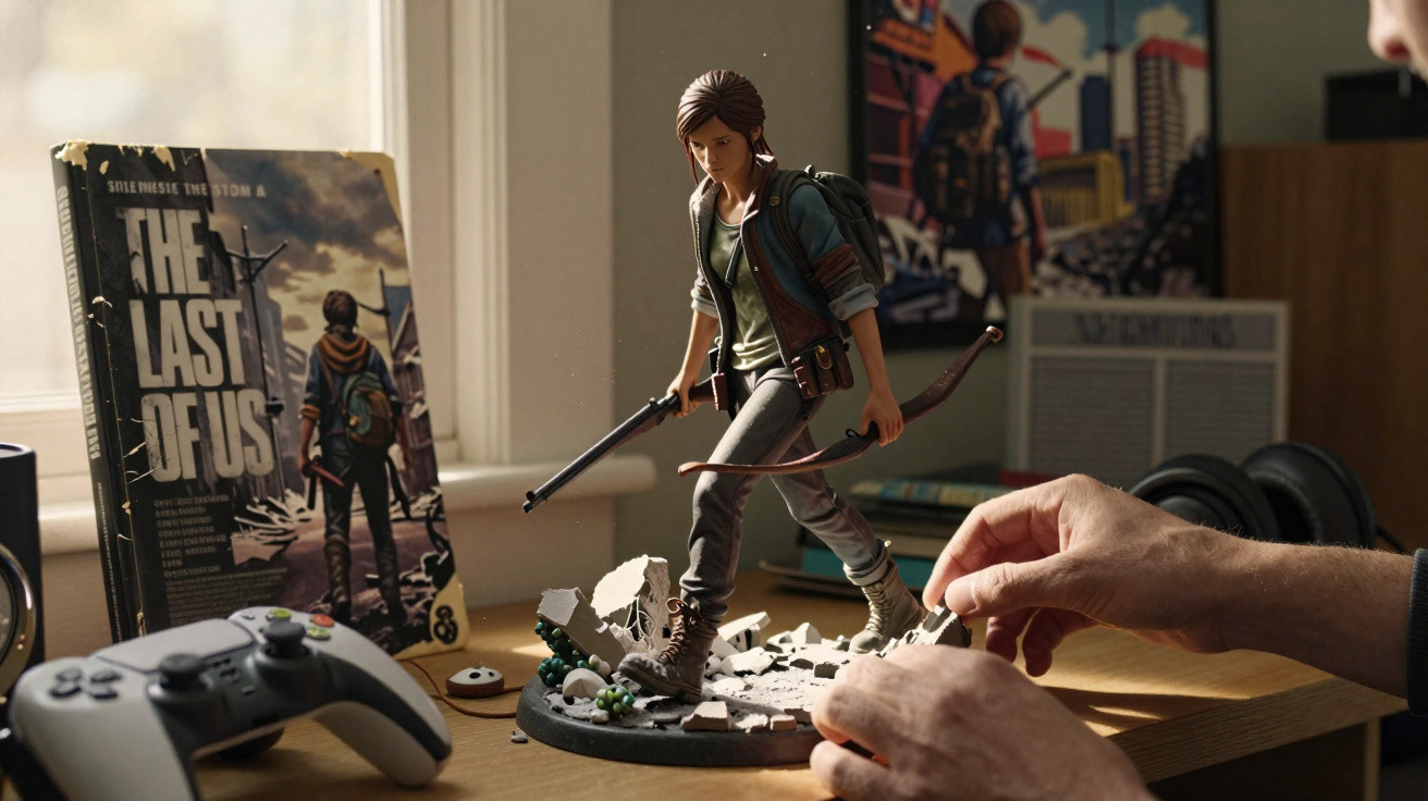 Estátua detalhada da personagem Ellie de The Last of Us com arco e flecha em mesa com controle de videogame.