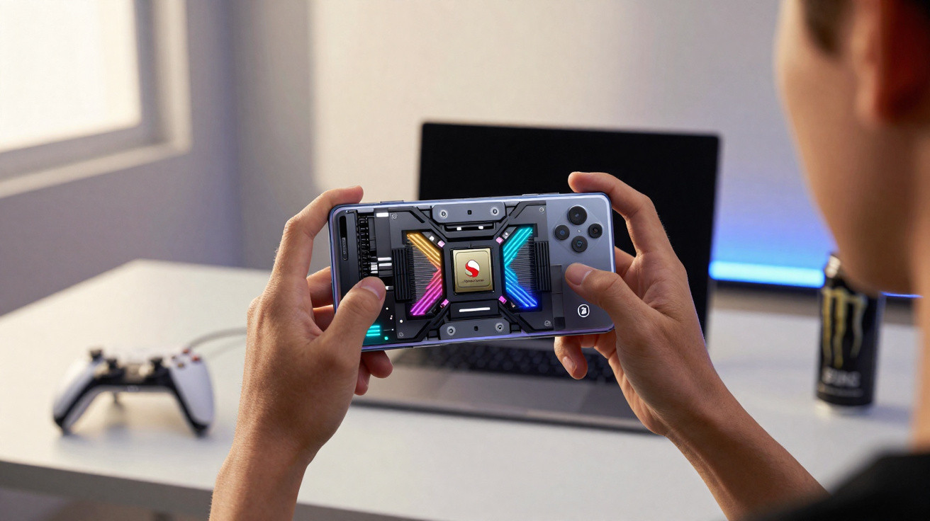 Pessoa segurando smartphone com jogo de chip Snapdragon em destaque, mesa com controle e laptop ao fundo.