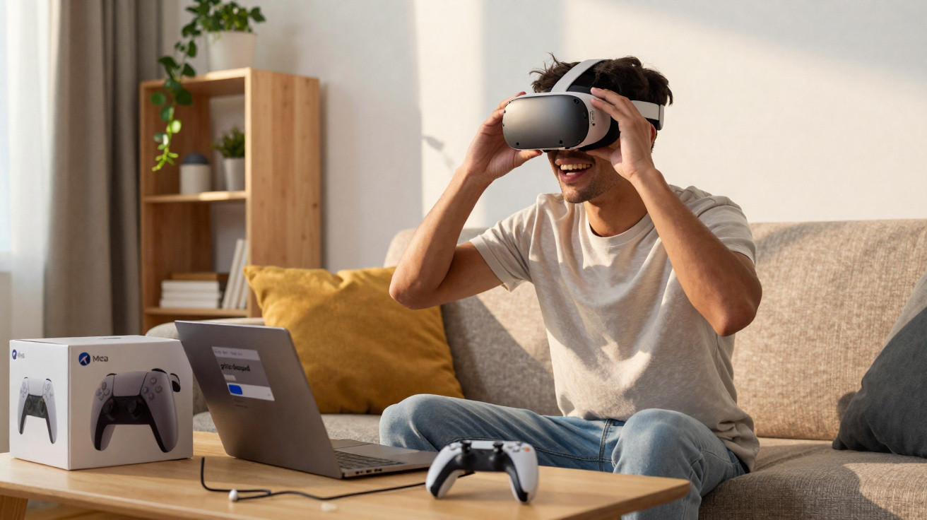 Homem sorrindo usando óculos de realidade virtual sentado em sofá com controle e laptop na mesa à frente.