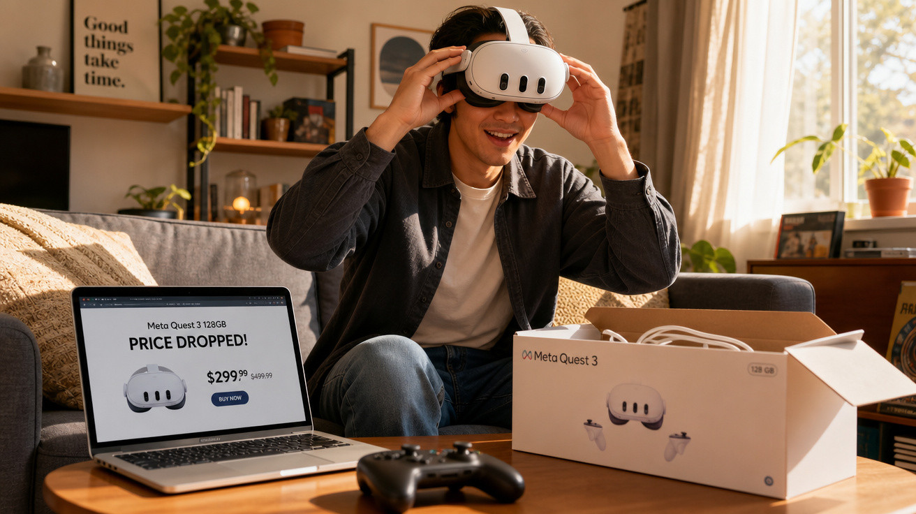 Jovem testando óculos de realidade virtual Meta Quest 3 em sala com notebook, controle e caixa do produto.