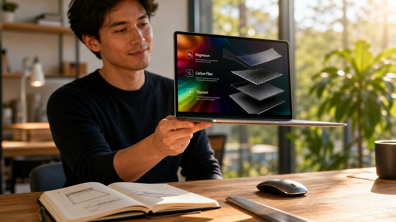 Homem segurando notebook aberto com tela mostrando camadas de materiais em ambiente iluminado com luz natural.