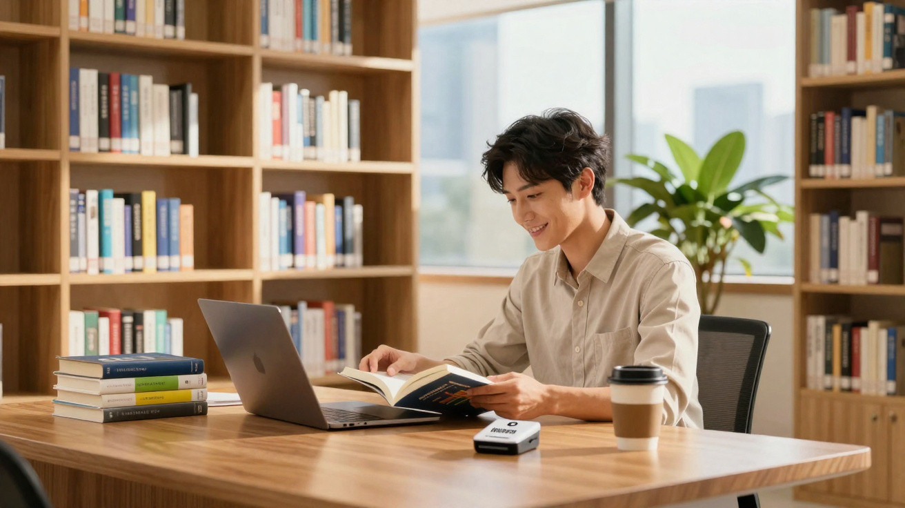 Jovem lendo livro ao lado de laptop em biblioteca com estantes de livros ao fundo.