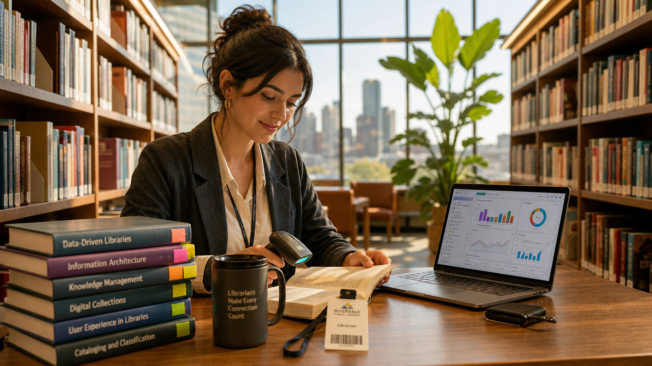 Mulher usando scanner em livro dentro de biblioteca com laptop e livros na mesa, vista de cidade ao fundo.