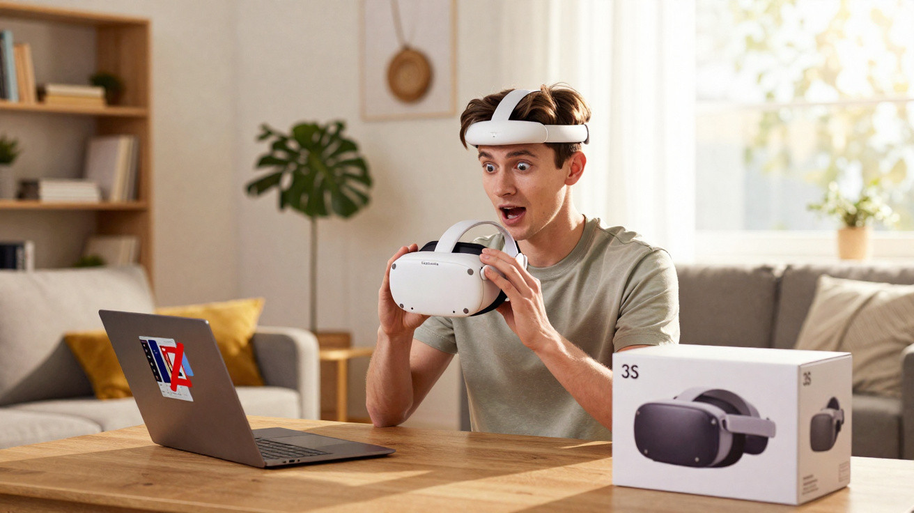 Homem surpreso segurando óculos de realidade virtual sentado à mesa com notebook e caixa do equipamento.