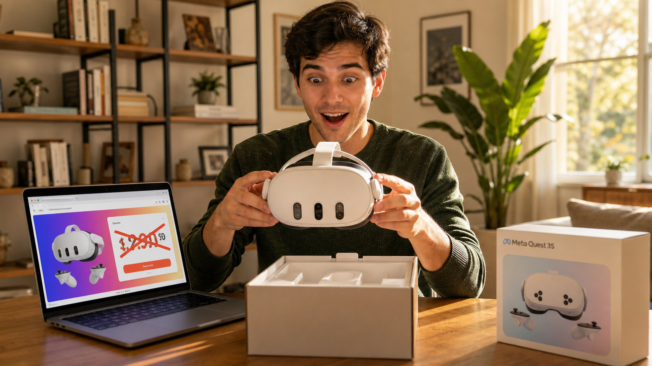 Homem animado desembrulhando óculos de realidade virtual Meta Quest 3 em casa com laptop ao lado.