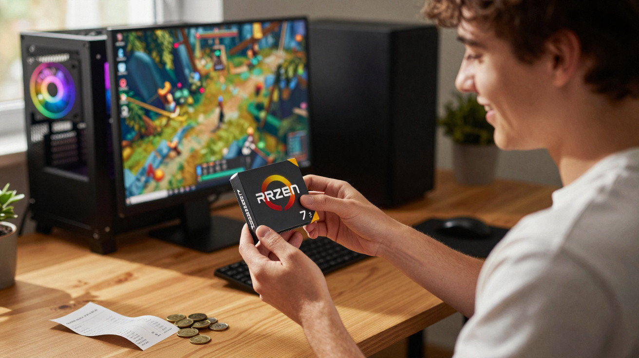 Jovem segurando processador Ryzen 7 em mesa com computador e moedas, jogando videogame.