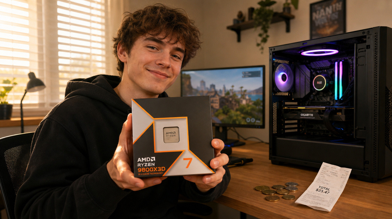 Jovem segurando caixa de processador AMD Ryzen 7 9800X3D ao lado de computador em mesa.