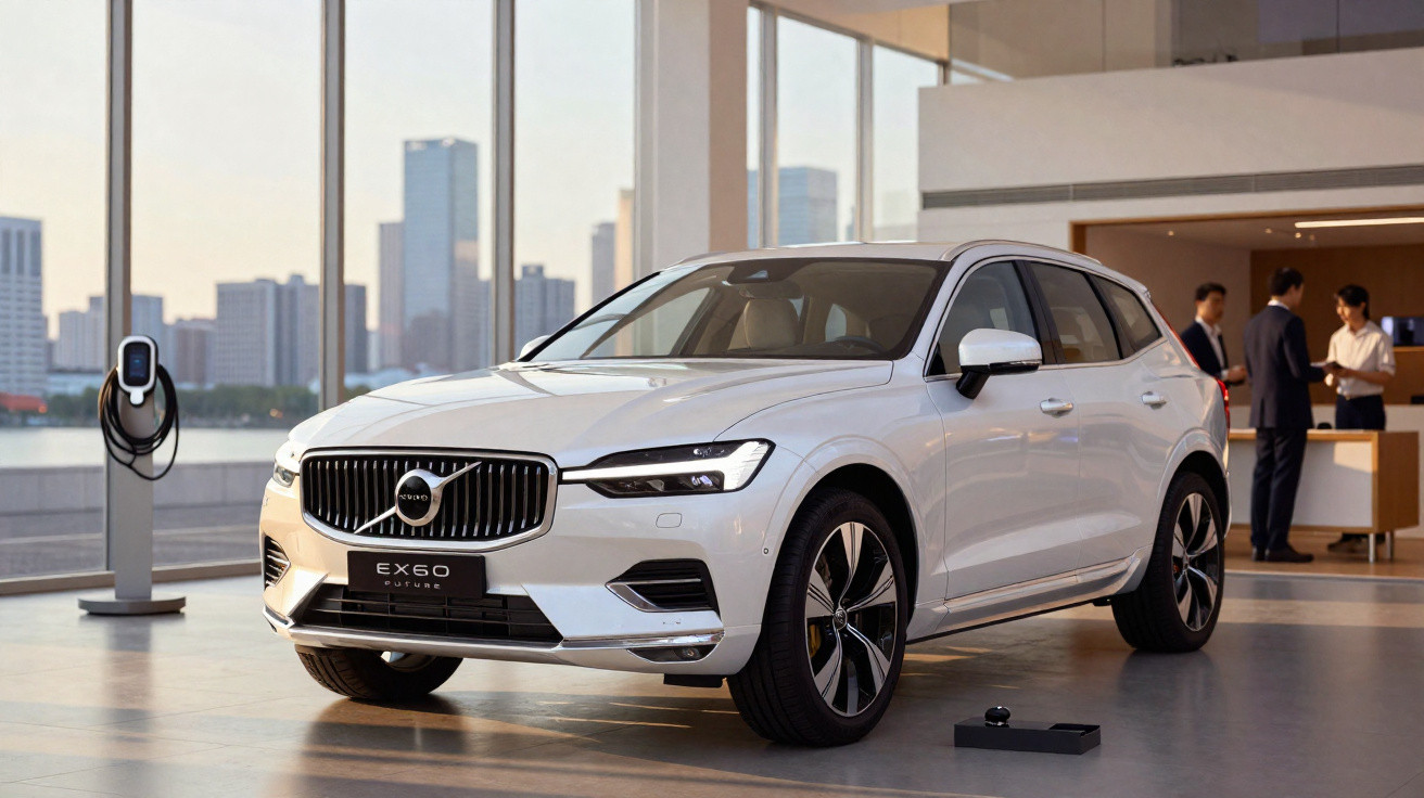 Carro elétrico branco Volvo EX60 futurista estacionado em showroom moderno com pessoas ao fundo.