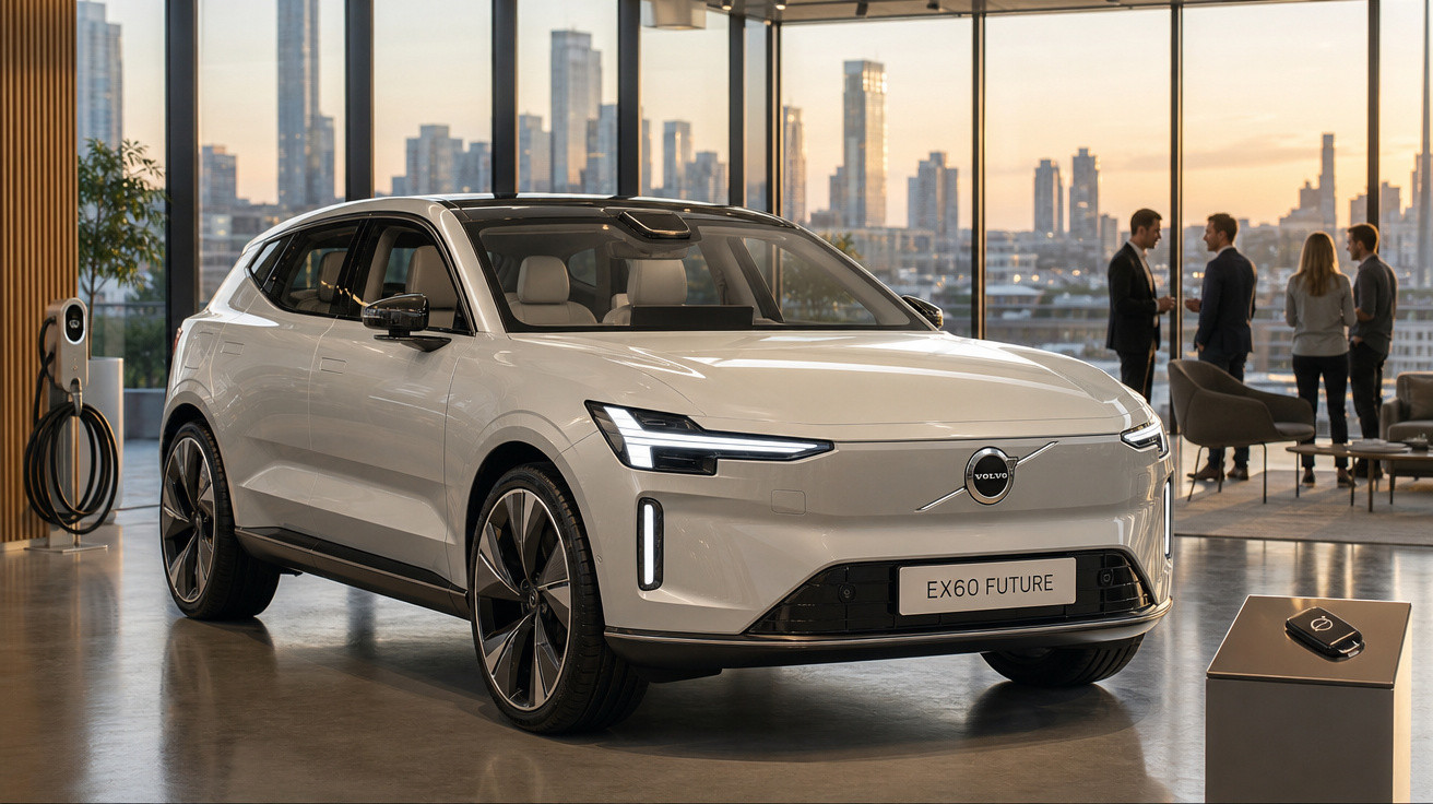 Carro elétrico Volvo EX60 Future branco exposto em ambiente moderno com pessoas ao fundo e cidade ao entardecer.