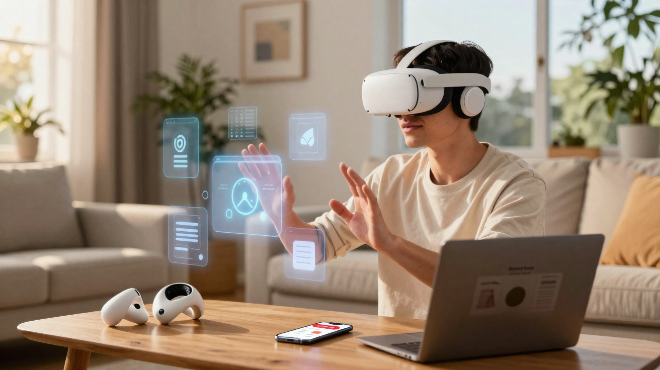 Jovem usando óculos de realidade virtual interage com hologramas digitais em sala de estar moderna.