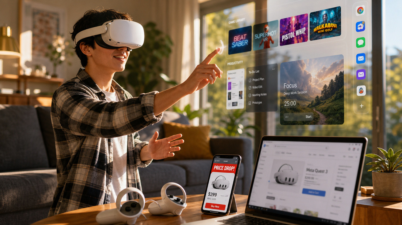 Pessoa usando óculos de realidade virtual interagindo com interface holográfica em sala de estar iluminada.