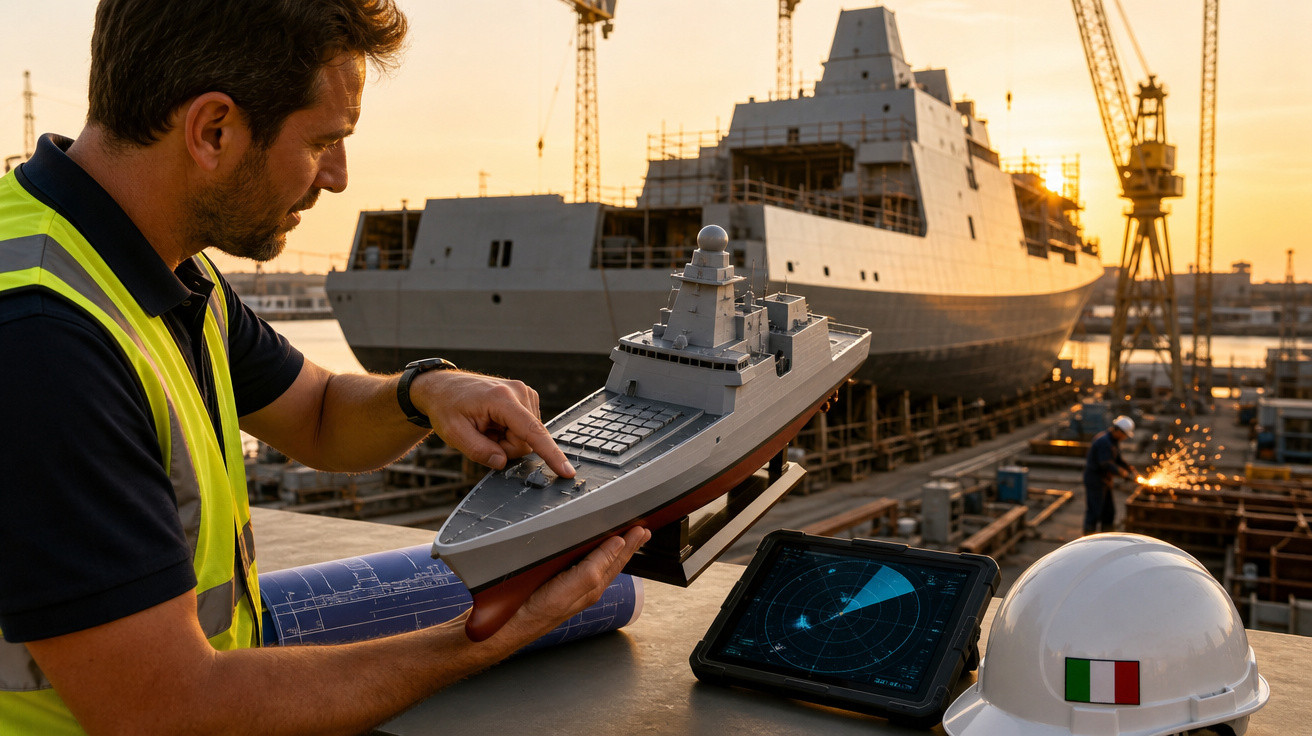 Engenheiro naval analisando maquete de navio militar em estaleiro com casco grande ao fundo.