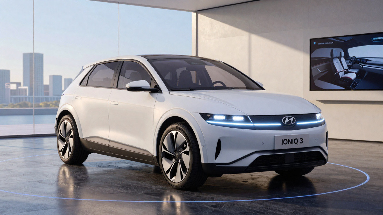 Carro elétrico branco Hyundai Ioniq 3 em exposição interna com fundo de paredes claras e janela para cidade.