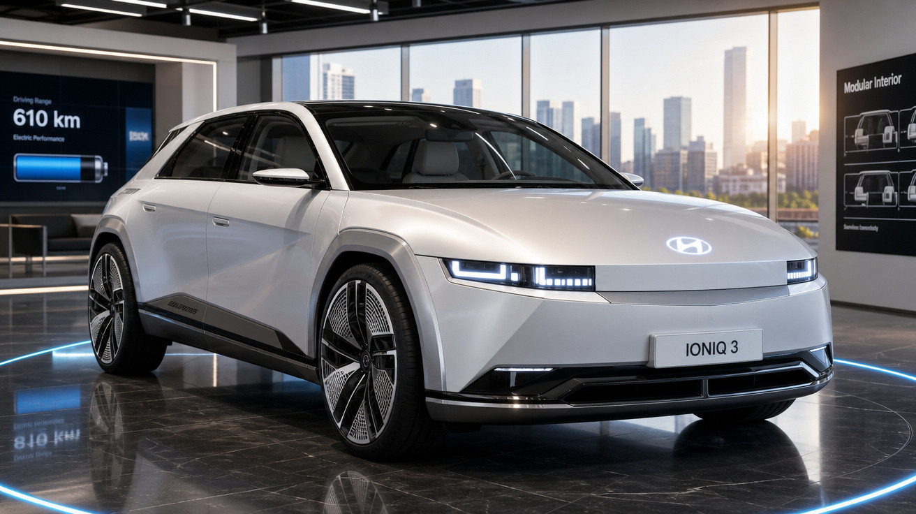Carro elétrico Hyundai Ioniq 3 branco em exposição moderna dentro de showroom com vista para cidade.