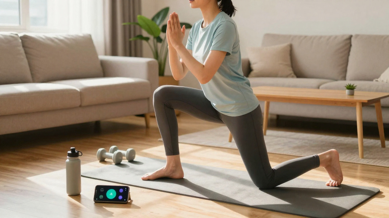 Mulher fazendo alongamento em tapete de yoga na sala com halteres e garrafa ao lado.