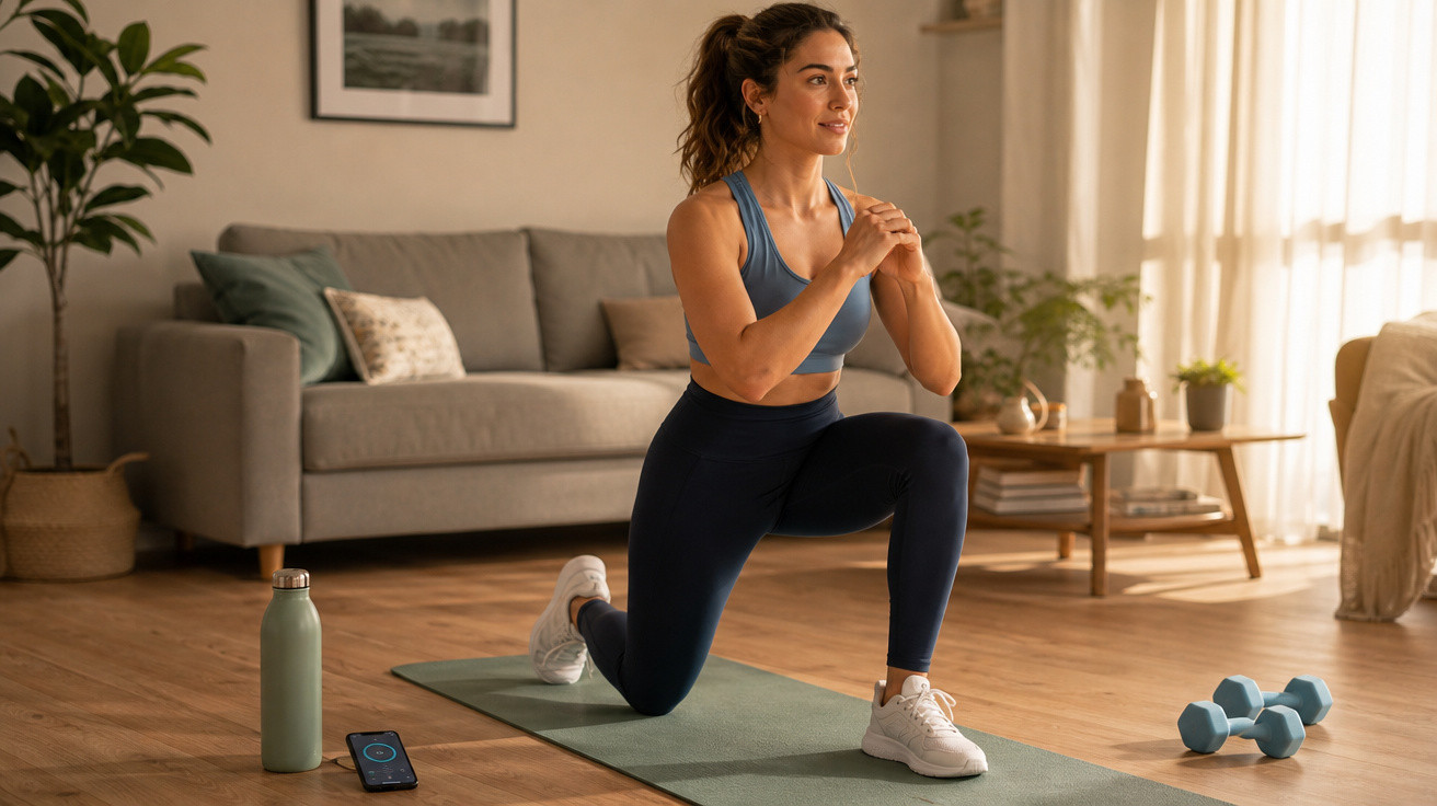 Mulher fazendo exercício de afundo em tapete de yoga na sala com halteres e garrafa de água ao lado.