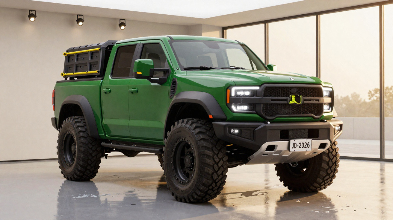 Picape verde robusta com pneus off-road, estacionada em garagem ampla com janelas de vidro.