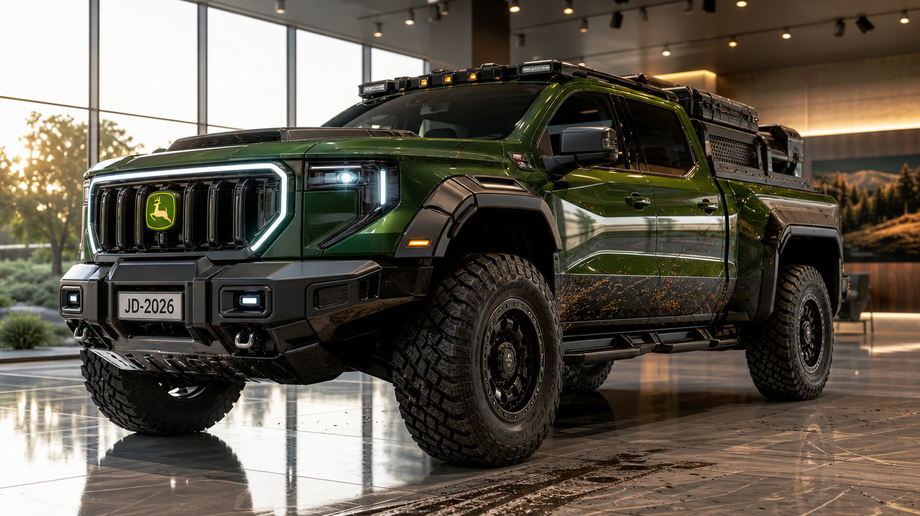 Caminhonete verde John Deere com pneus off-road, detalhes em preto e faróis ligados em ambiente interno.