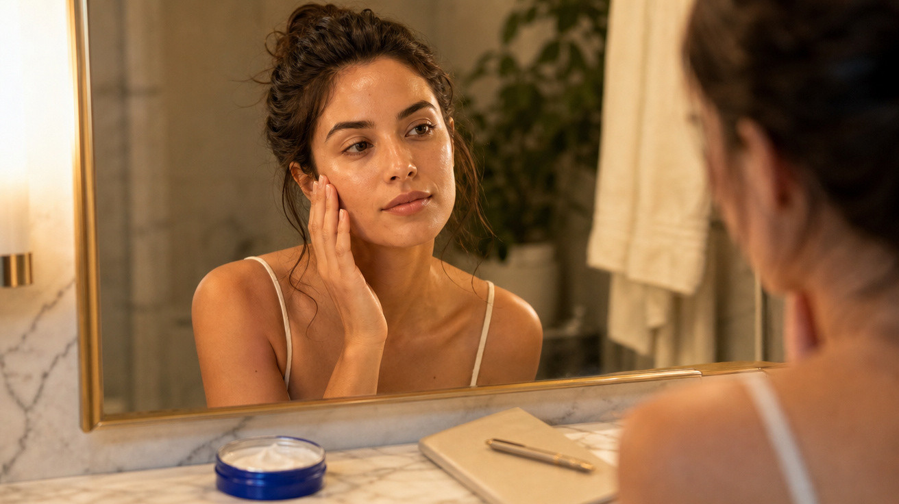 Mulher olhando seu rosto no espelho do banheiro enquanto aplica creme facial, com caderno e caneta na bancada.