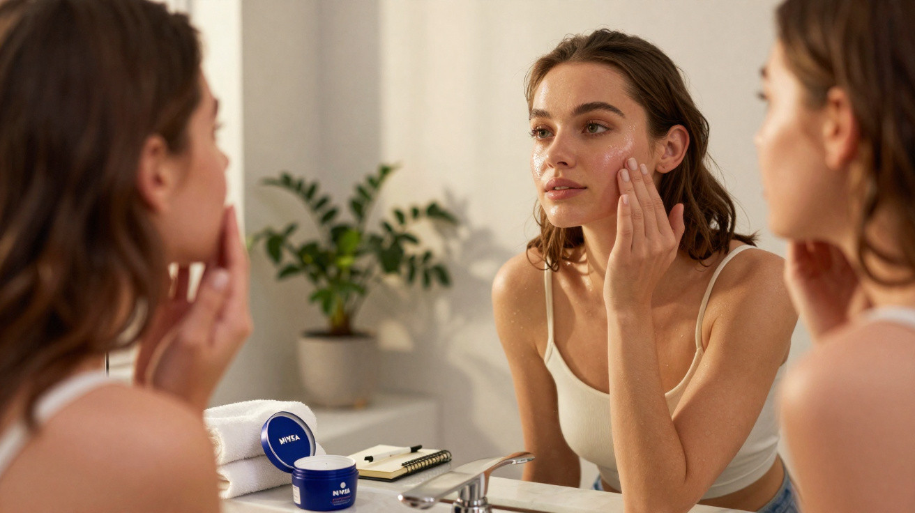 Mulher aplicando creme facial Nivea no rosto em frente ao espelho no banheiro.
