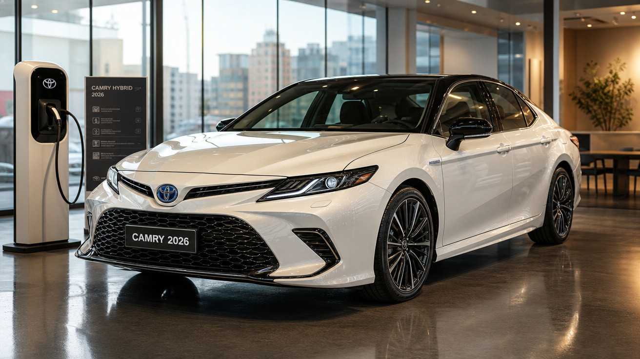 Carro Toyota Camry 2026 branco exibido em showroom moderno com janela de vidro ao fundo.