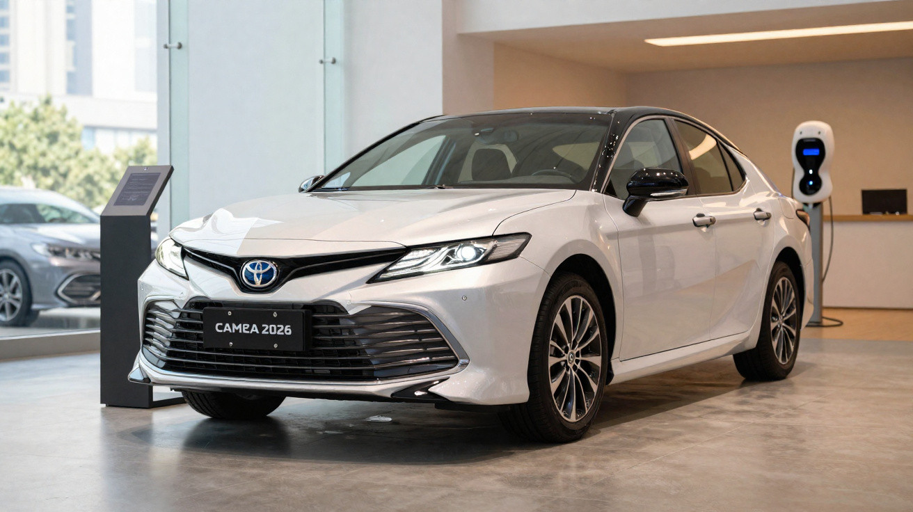 Carro branco Toyota Camry 2026 exibido em showroom moderno com carregador elétrico ao fundo.