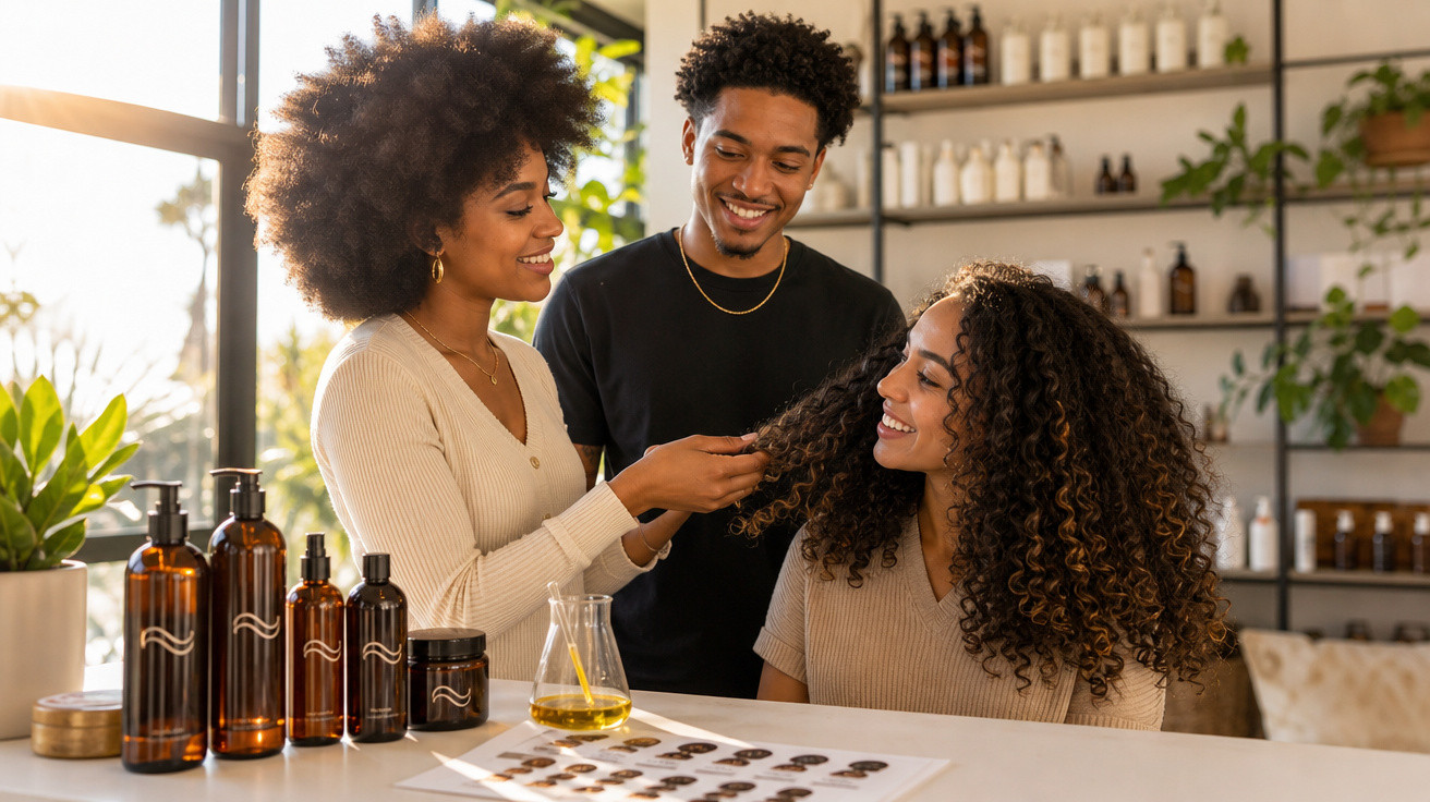 Três pessoas felizes em salão de beleza, uma verifica cabelo cacheado enquanto outras observam, com produtos no balcão.