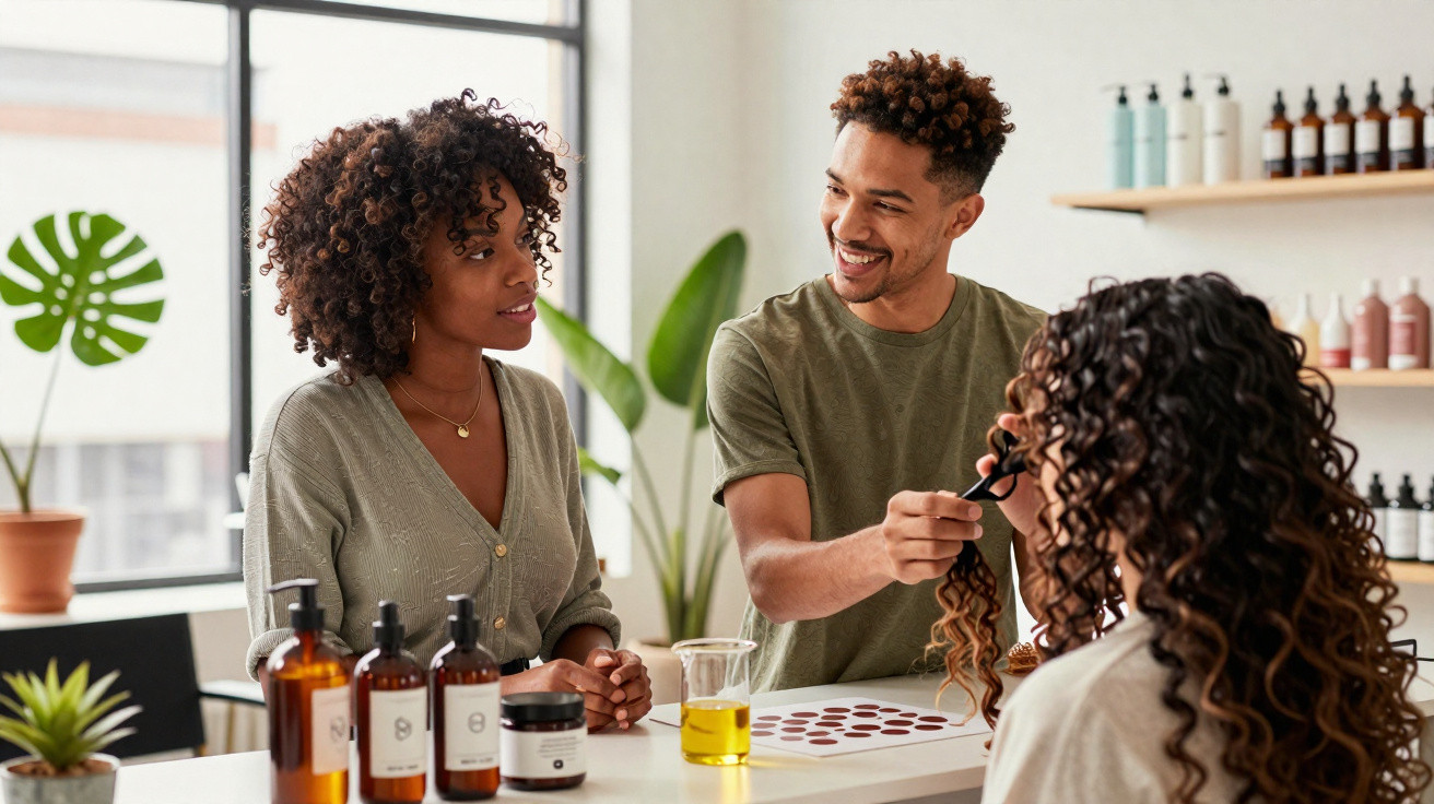 Dois profissionais conversam com cliente em ambiente moderno com produtos de cuidados capilares sobre cabelo cacheado.
