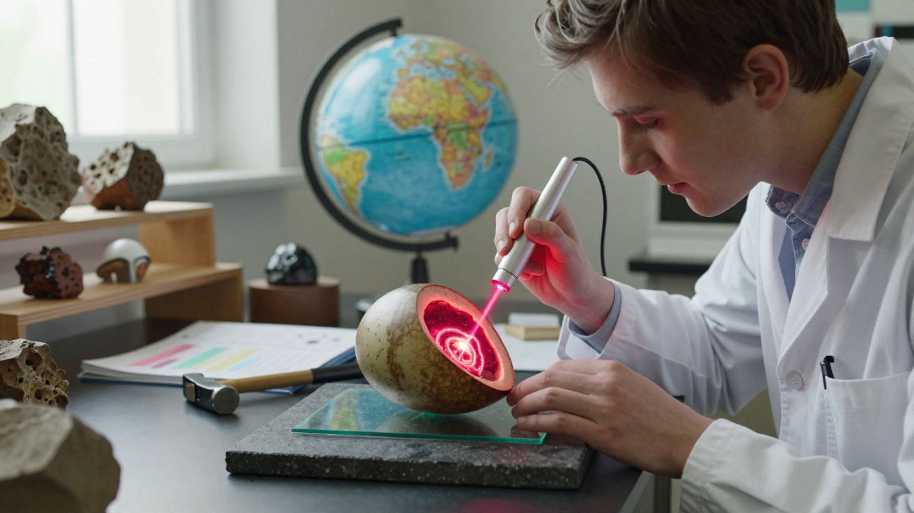 Cientista usa laser para examinar uma amostra geológica cortada em laboratório com globo terrestre ao fundo.