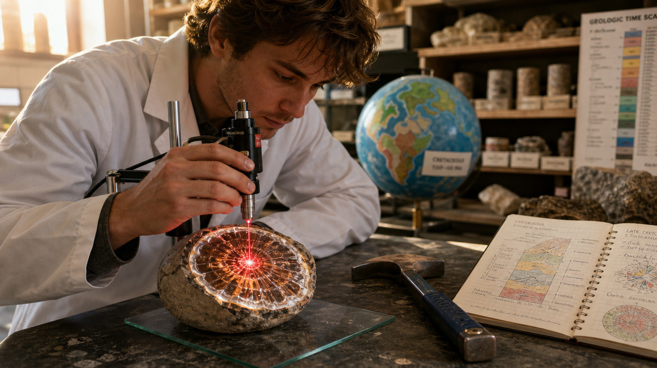 Cientista analisa com equipamento laser amonite fossilizado em laboratório de geologia.