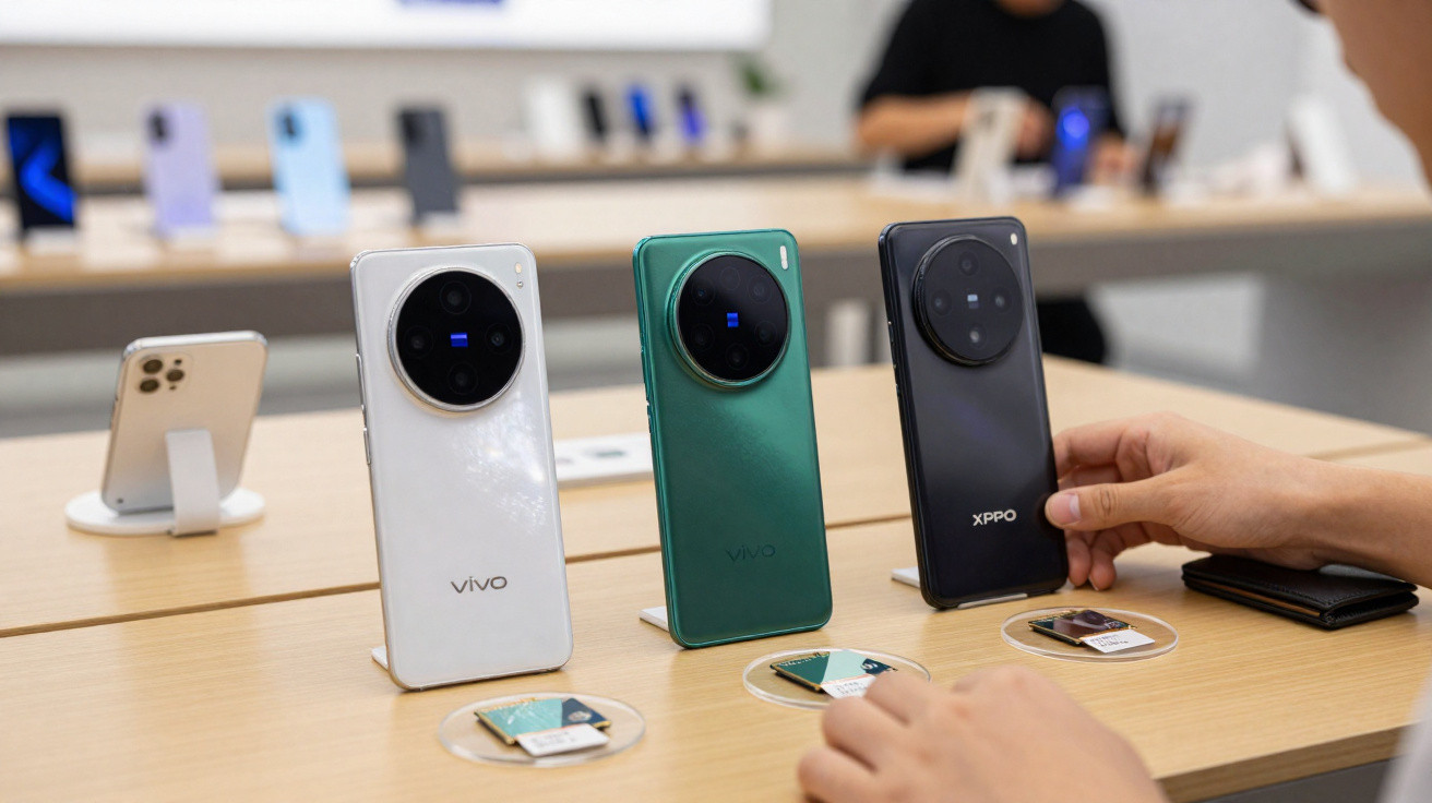 Três smartphones Vivo nas cores branca, verde e preta expostos sobre mesa em loja com pessoas ao fundo.
