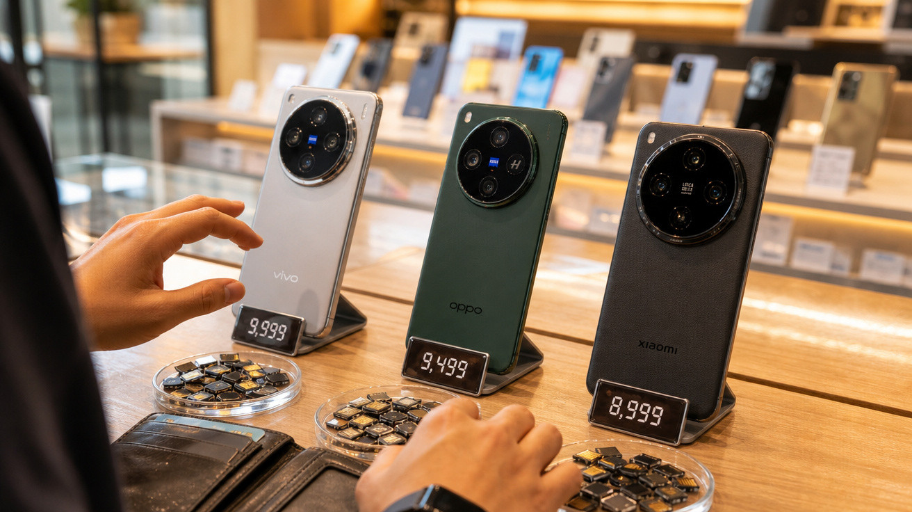 Três smartphones à venda em loja com etiquetas de preços e mãos de cliente interagindo.