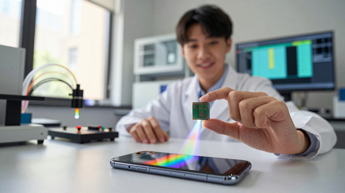 Homem em laboratório segurando um microchip acima de smartphone que projeta um feixe de luz colorida.